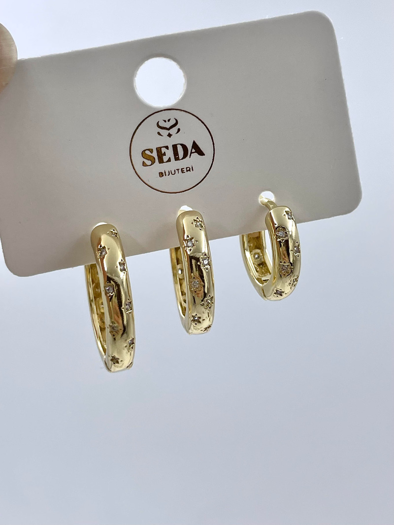 Altın Kaplama Üçlü Kristal Taşlı Halka Set Küpe Gold