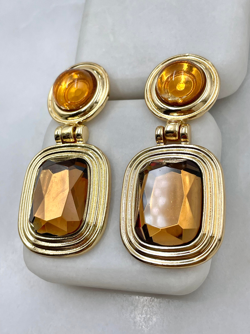 Altın Kaplama Kehribar Taşlı Vintage Küpe Gold