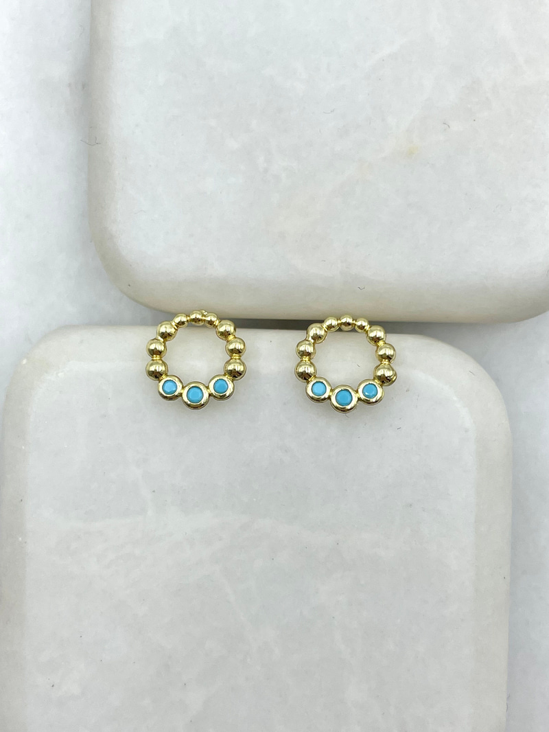 Özel Seri Minimal Mavi Taşlı İçi Boş Daire Küpe Gold