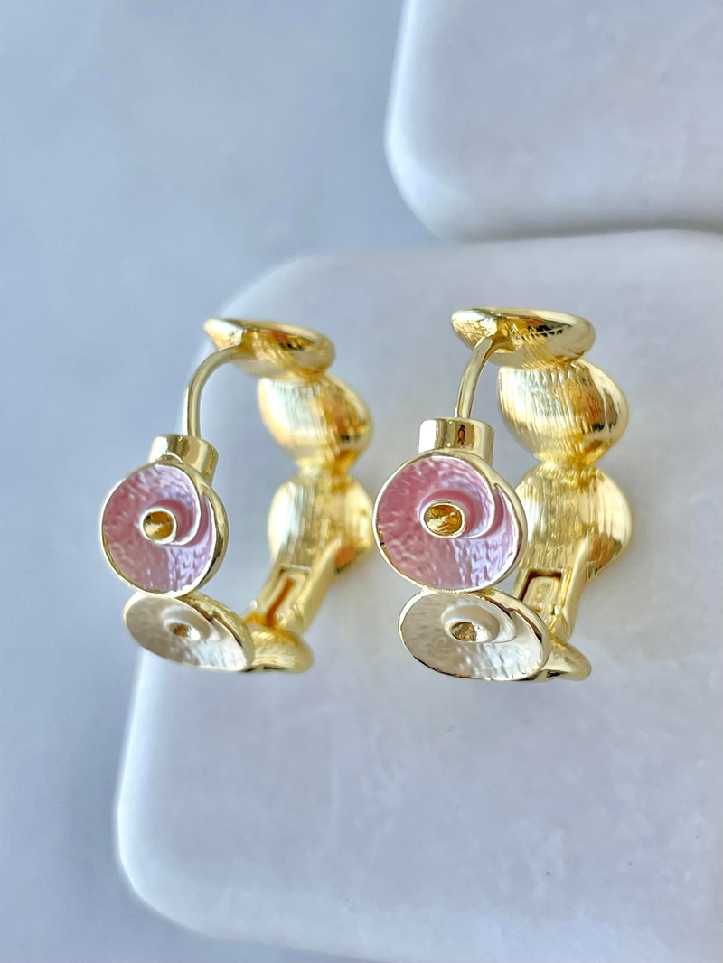 Altın Kaplama Gold Detaylı Sedefli Daire Halka Küpe Pembe