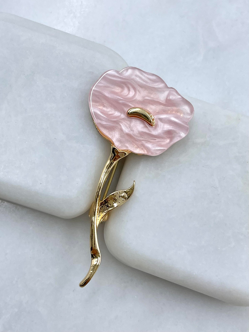 Sedefli Pembe Çiçek Broş Gold