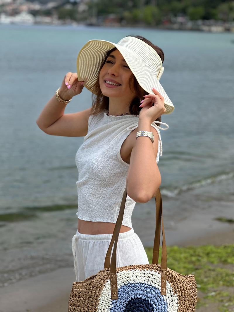 Nazar Model El Örgüsü Hasır Çanta Camel