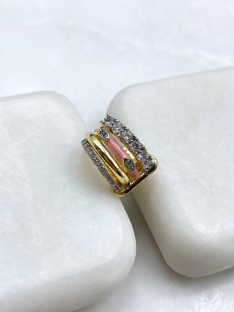 Altın Kaplama Pembe Mineli Kristal Taşlı Dört Sıra Kıkırdak Küpe Gold