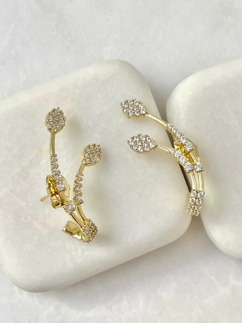 Özel Seri İkili Görünüm Zirkon Taşlı Kıkırdaklı Küpe Gold