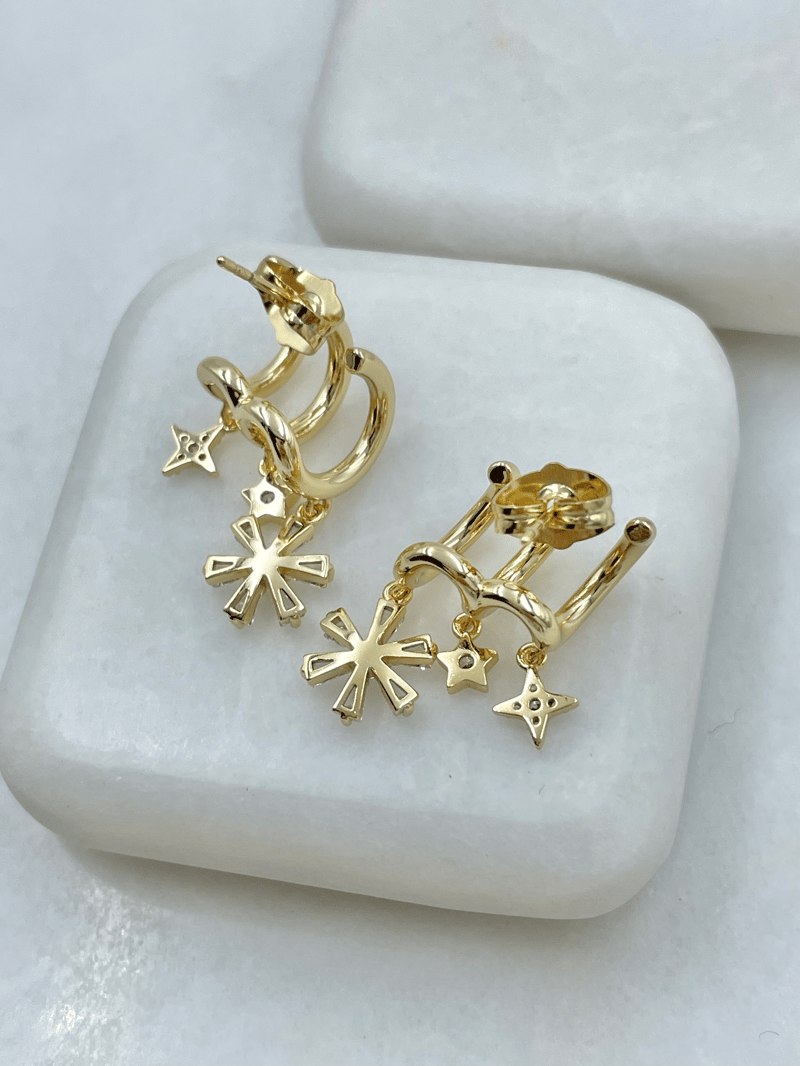 Özel Seri Üçlü Görünüm Kristal Taşlı Çiçek Küpe Gold