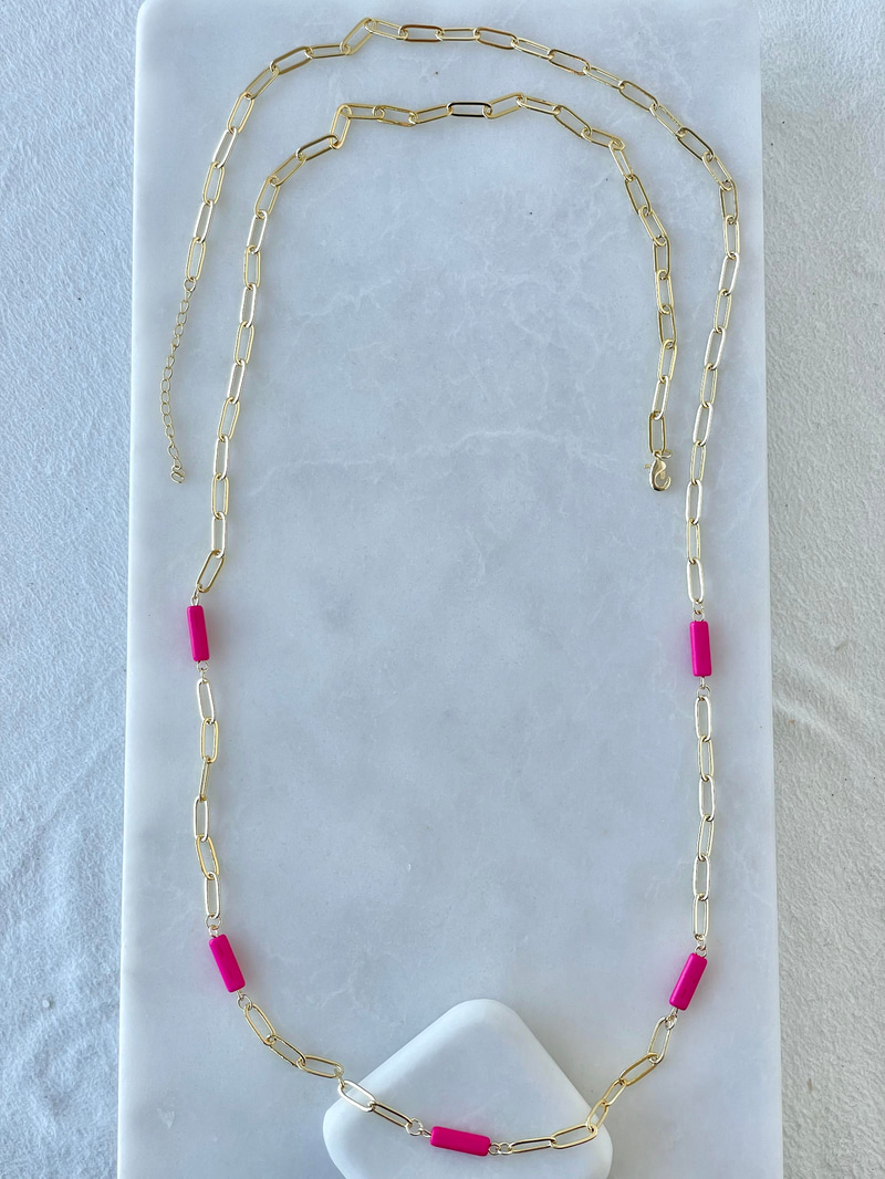 Altın Kaplama Boncuklu Oval Zincir Kolye 90 cm Pembe