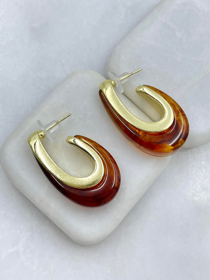 Altın Kaplama Gold Detaylı Kehribar U Küpe Gold