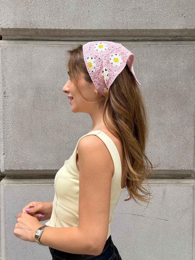 Papatya Desenli Örgü Bandana Pembe