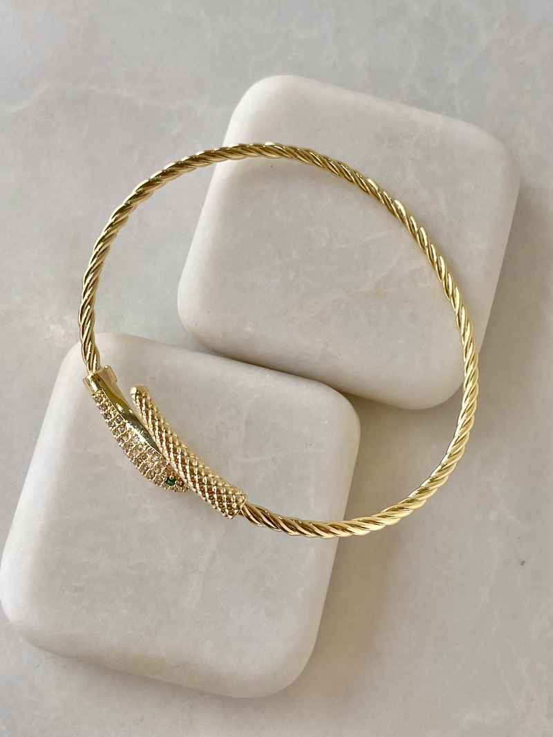 Zirkon Taşlı Yılan Kelepçe Gold