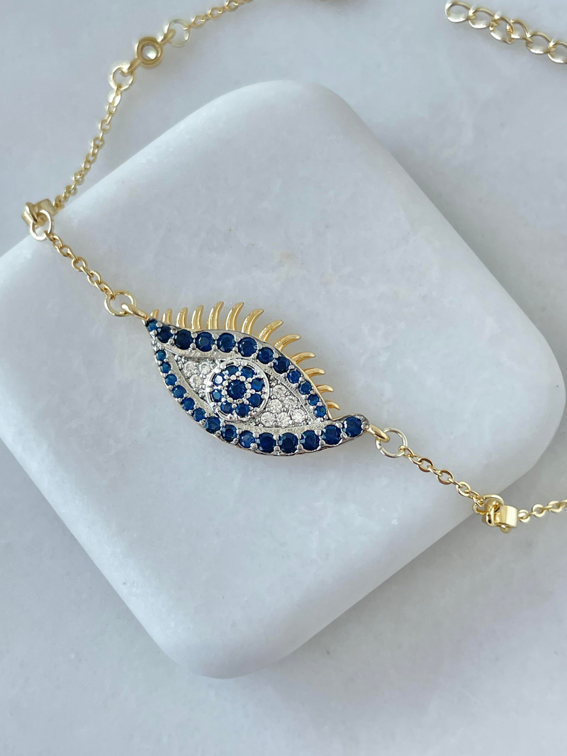 Çelik Mavi Kristal Taşlı Göz Model Bileklik Gold