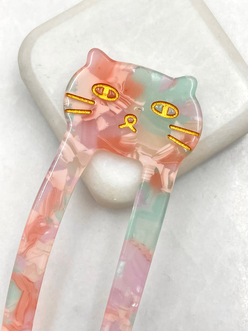 Sedefli Kedi İkili Topuz Tokası Toz Pembe