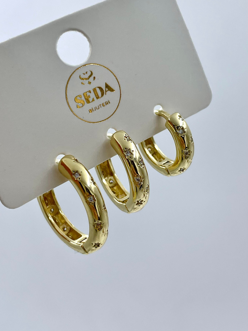 Altın Kaplama Üçlü Kristal Taşlı Halka Set Küpe Gold