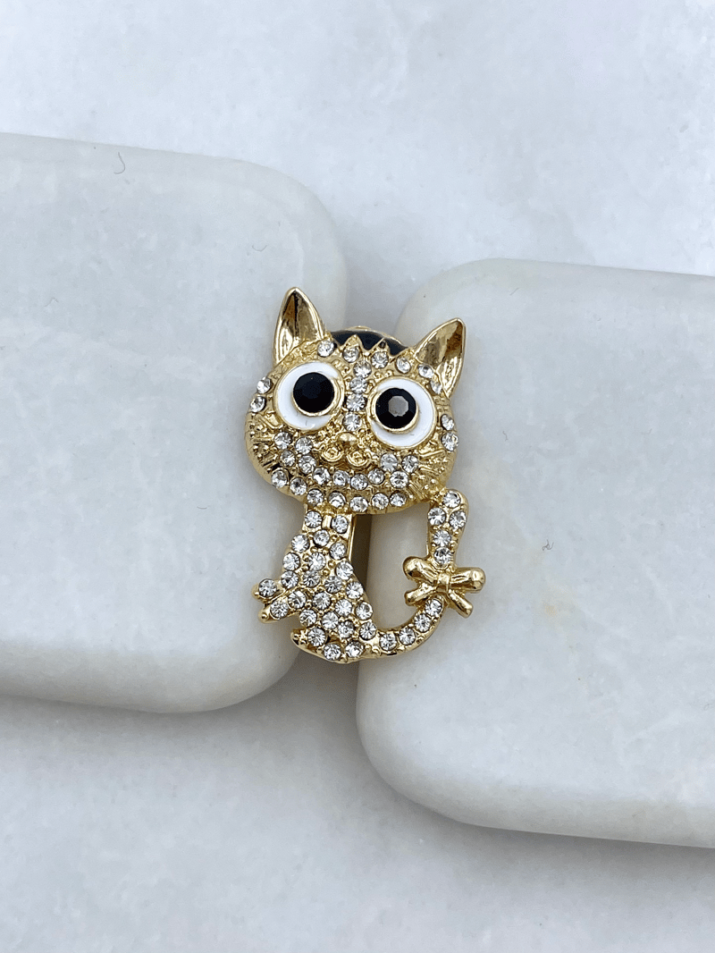 Kristal Taşlı Şaşkın Kedi Broş Gold