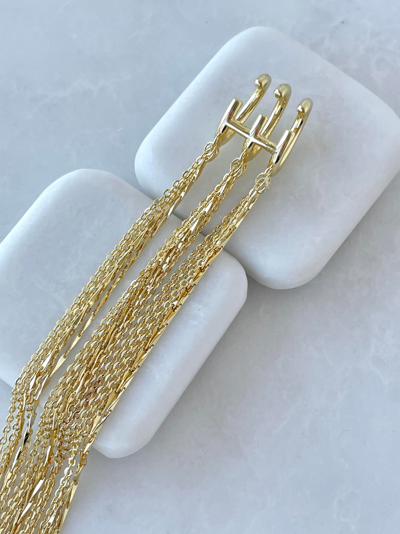 Altın Kaplama Üç Sıra Uzun Zincir Sallantılı Kıkırdak Küpe Gold