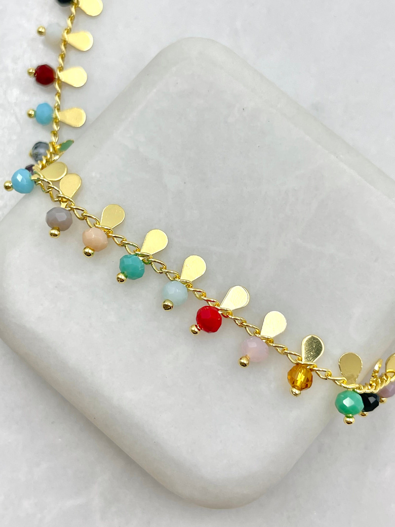 Damla Plaka ve Renkli Kristal Boncuklu Halhal Gold