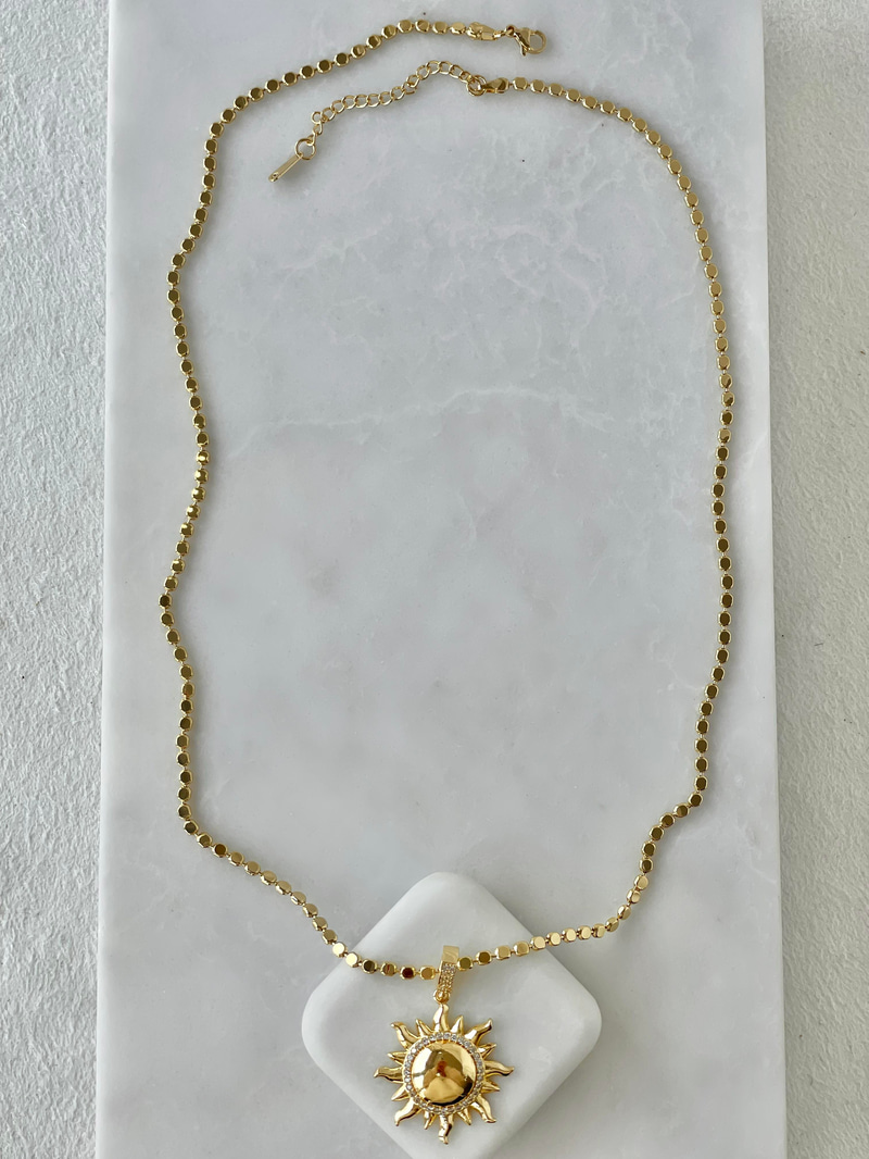 Çelik Gömme Taşlı Güneş Arpa Zincir Kolye 60 cm Gold