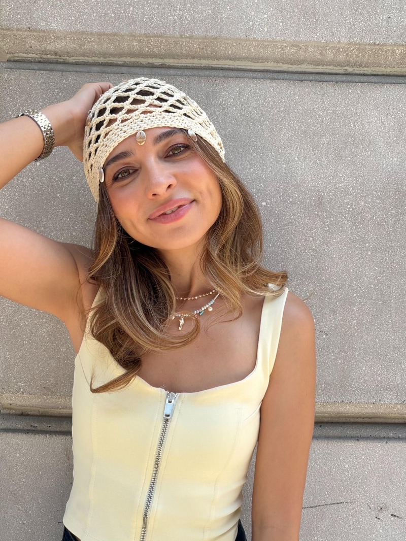 Deniz Kabuğu Aksesuarlı File Bandana Bej