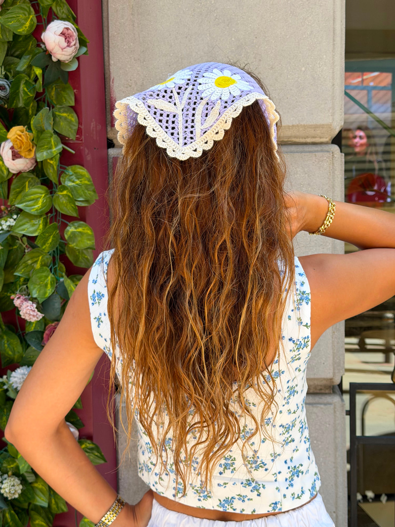 İkili Papatya Model Üçgen İpli Bandana Mor