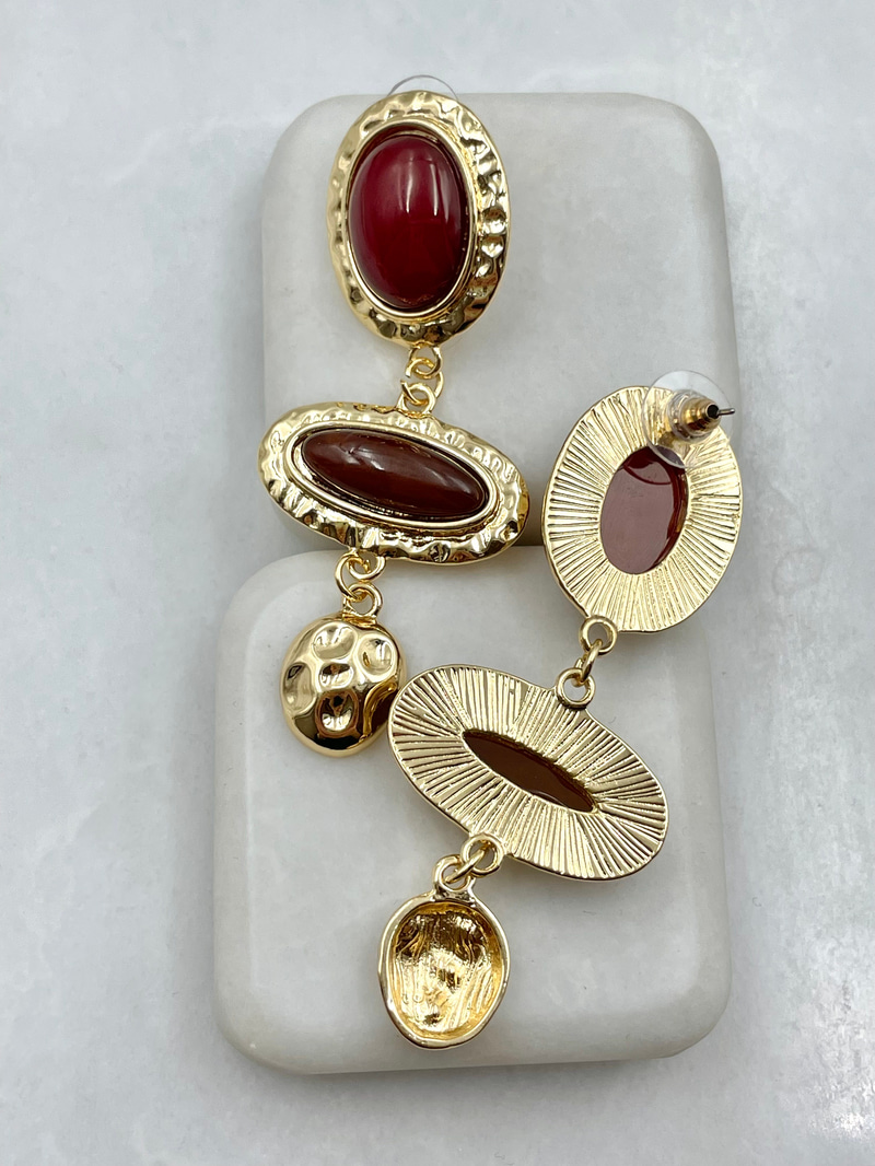 Bordo ve Kahve Taşlı Vintage Küpe Gold