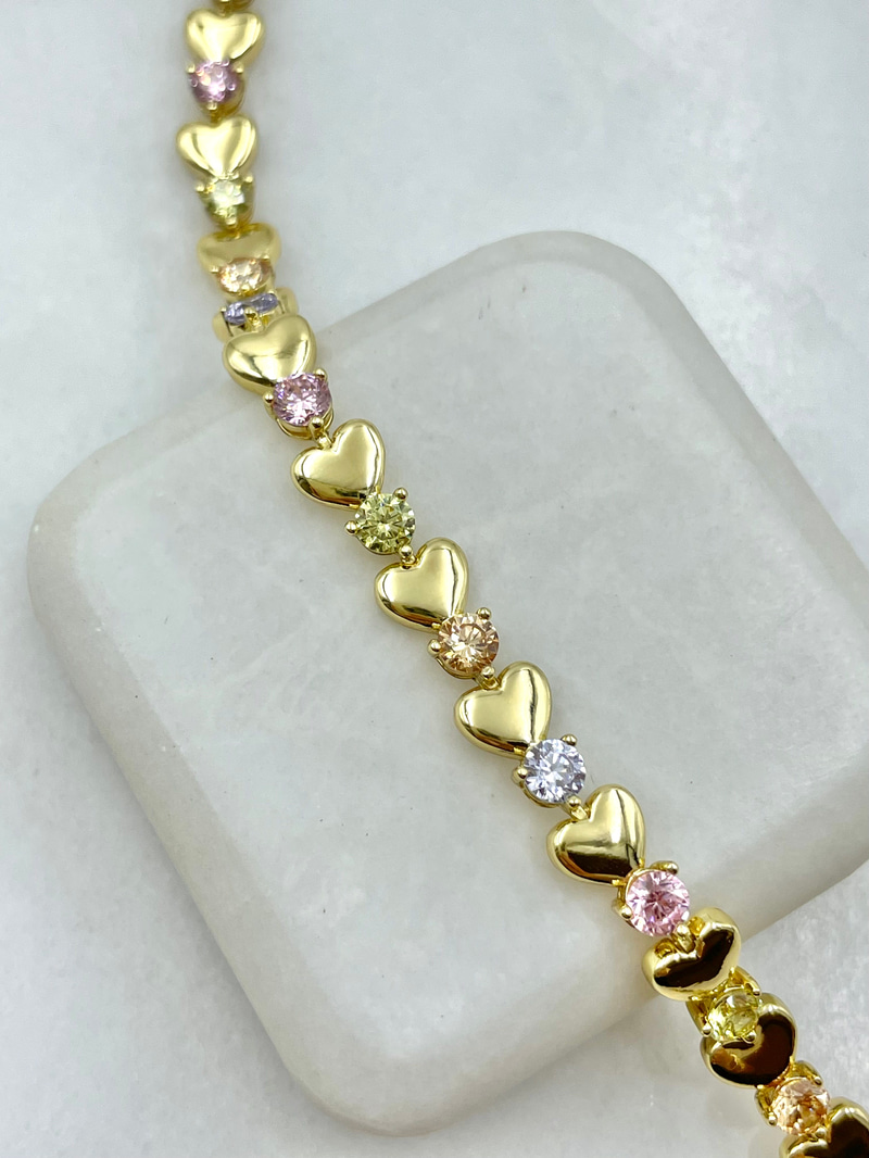 Özel Seri Renkli Kristal Taşlı Kalp Bileklik Gold