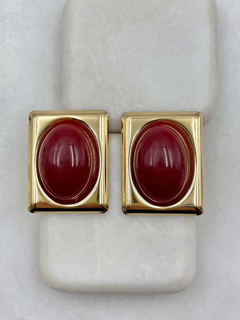 Oval Taşlı Dikdörtgen Vintage Küpe Bordo