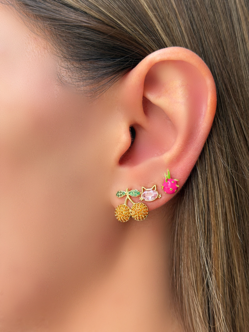 Özel Seri Üçlü Kiraz ve Hello Kitty Model Set Küpe Gold