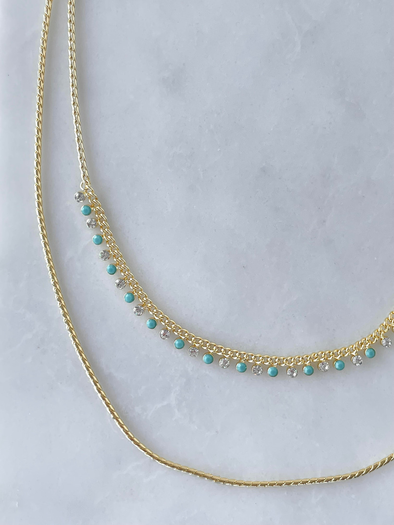 Altın Kaplama Mavi ve Kristal Taşlı İkili Kolye Gold