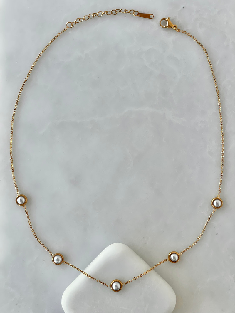 Çelik Minimal Beşli İnci Kolye