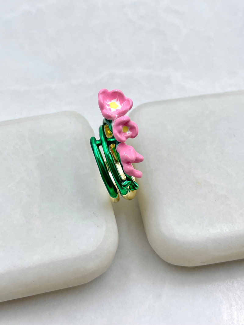 Mineli Pembe Çiçek Yüzük Gold