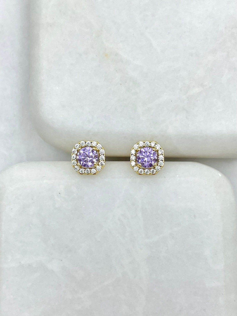 Özel Seri Mor Kare Kristal Taşlı Küpe 0.7 mm Gold