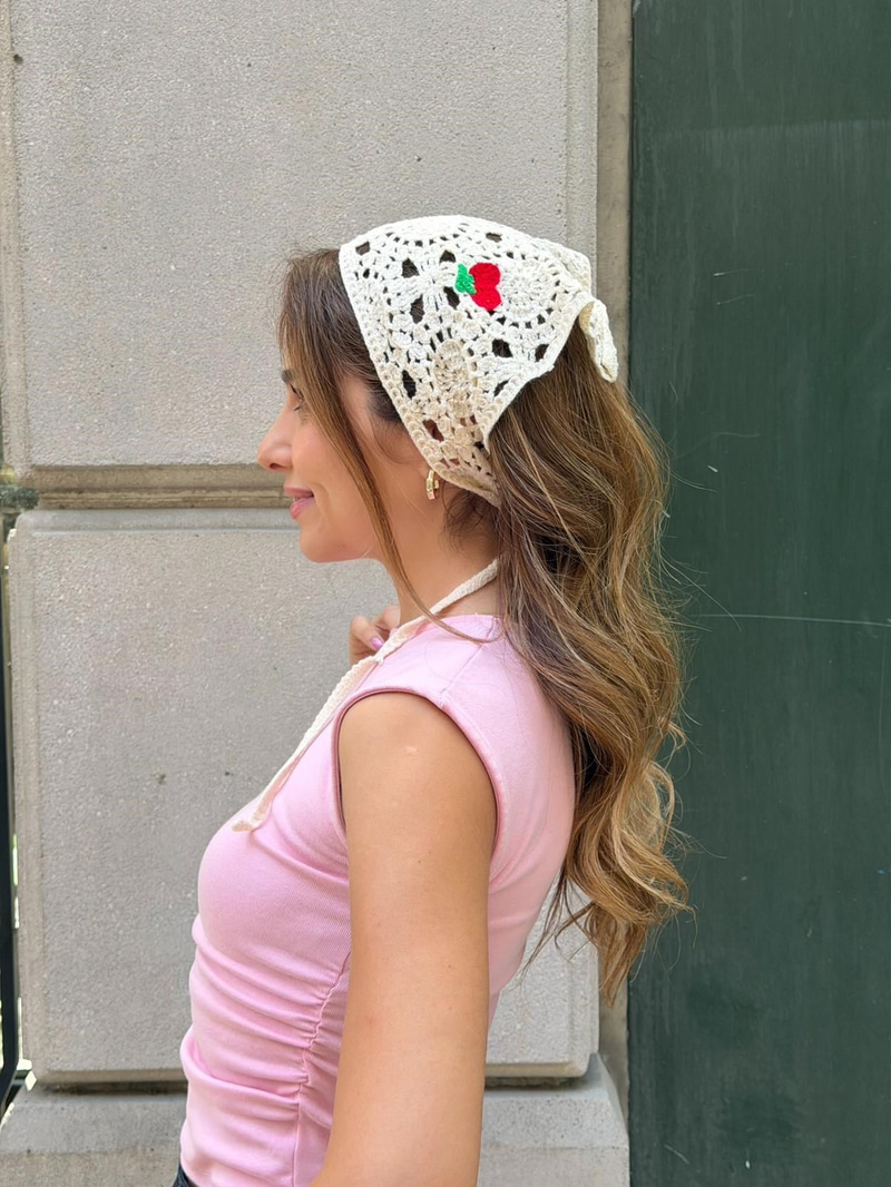 Kiraz Desenli Daire Motifli İpli Bandana Renkli