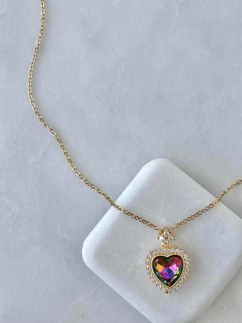 Çelik Renkli Kristal Taşlı Kalp Kolye Gold