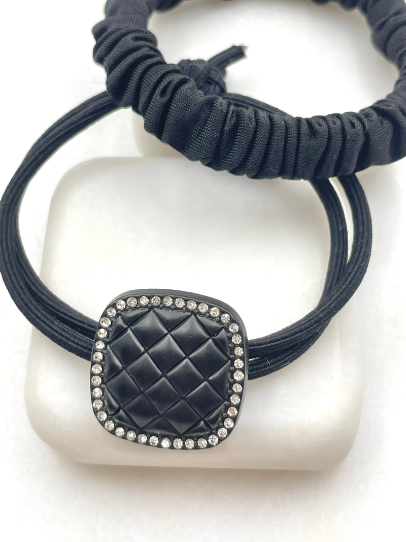 Gömme Taşlı Kare Model İkili Scrunchie Toka Siyah