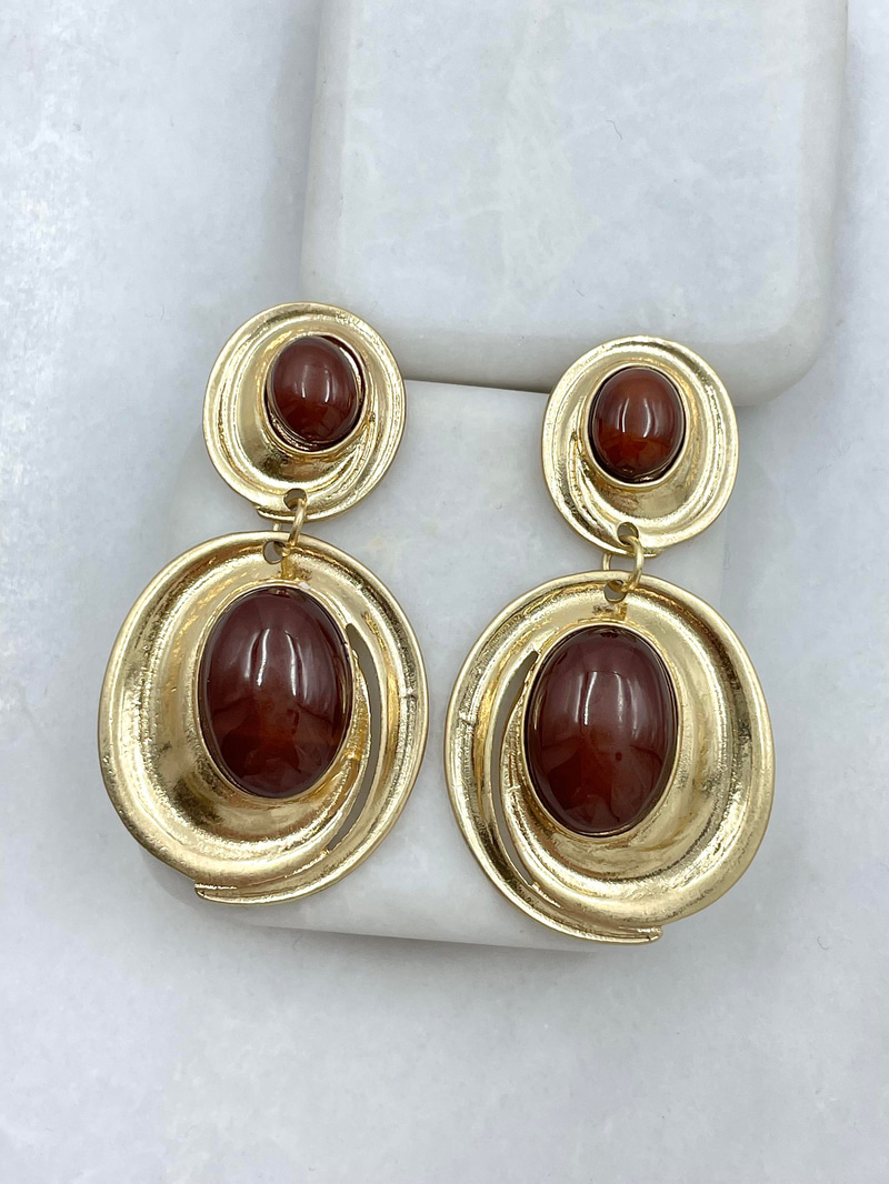 Altın Kaplama Daire Sallantılı Opal Taşlı Vintage Küpe Kahve