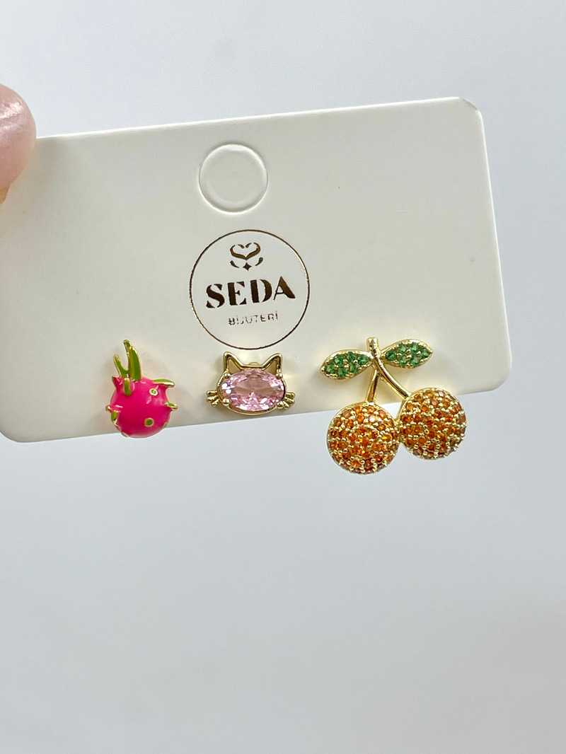 Özel Seri Üçlü Kiraz ve Hello Kitty Model Set Küpe Gold