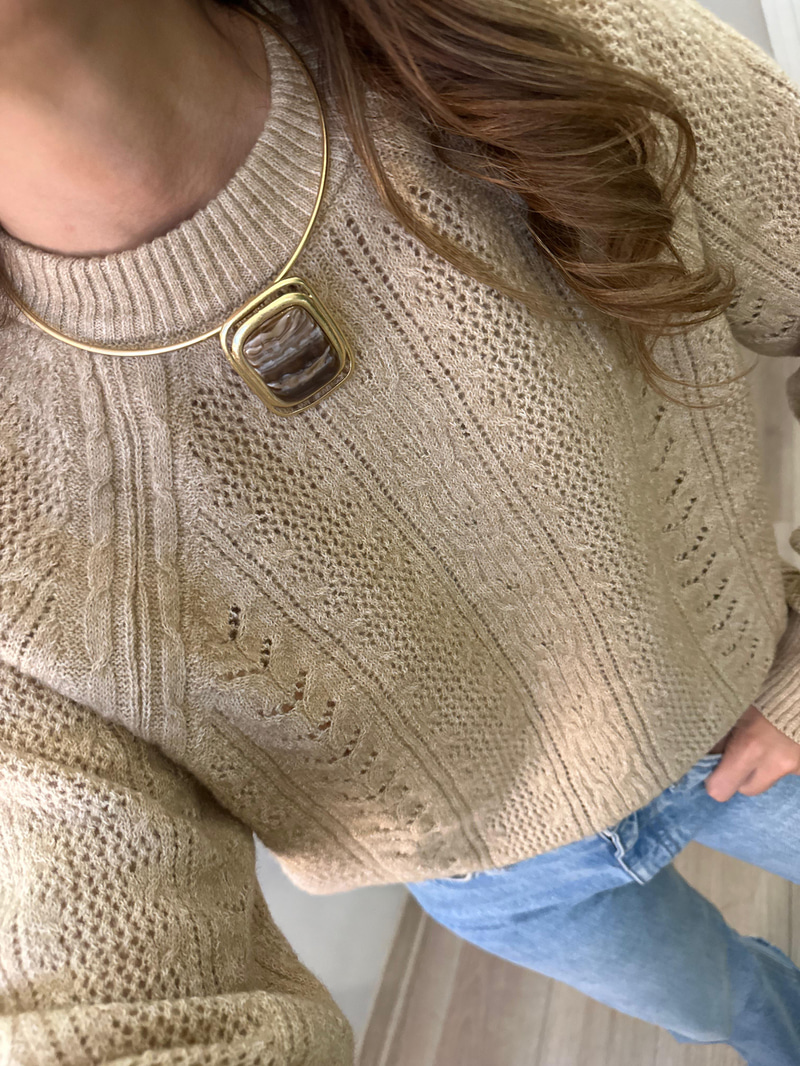 Altın Kaplama Doğal Taşlı Kare Model Vintage Choker Kolye Kahve