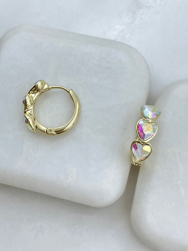 Özel Seri Swarovski Taşlı Sıralı Kalp Model Halka Küpe Gold