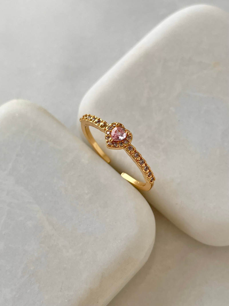 Altın Kaplama Minimal Kristal Pembe Kalp Yüzük