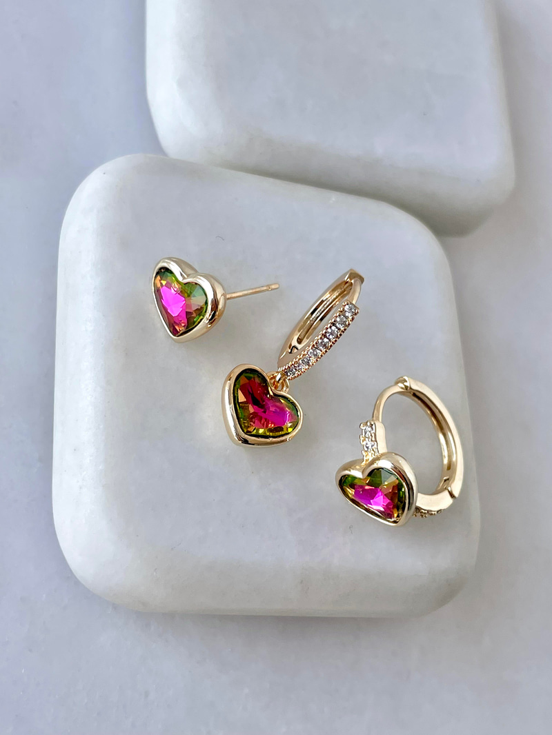 Özel Seri Üçlü Yansımalı Kristal Kalp Küpe Pembe