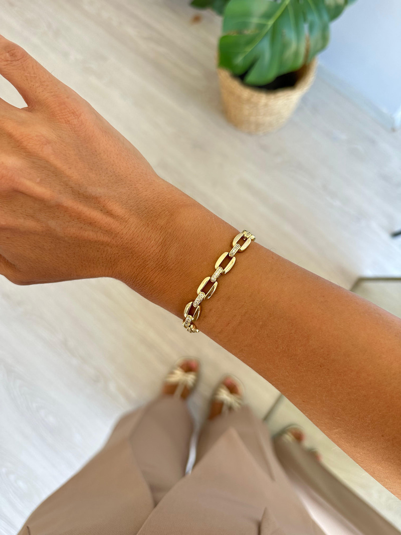 Özel Seri Gömme Taşlı Zincir Model Birleşim Bileklik Gold