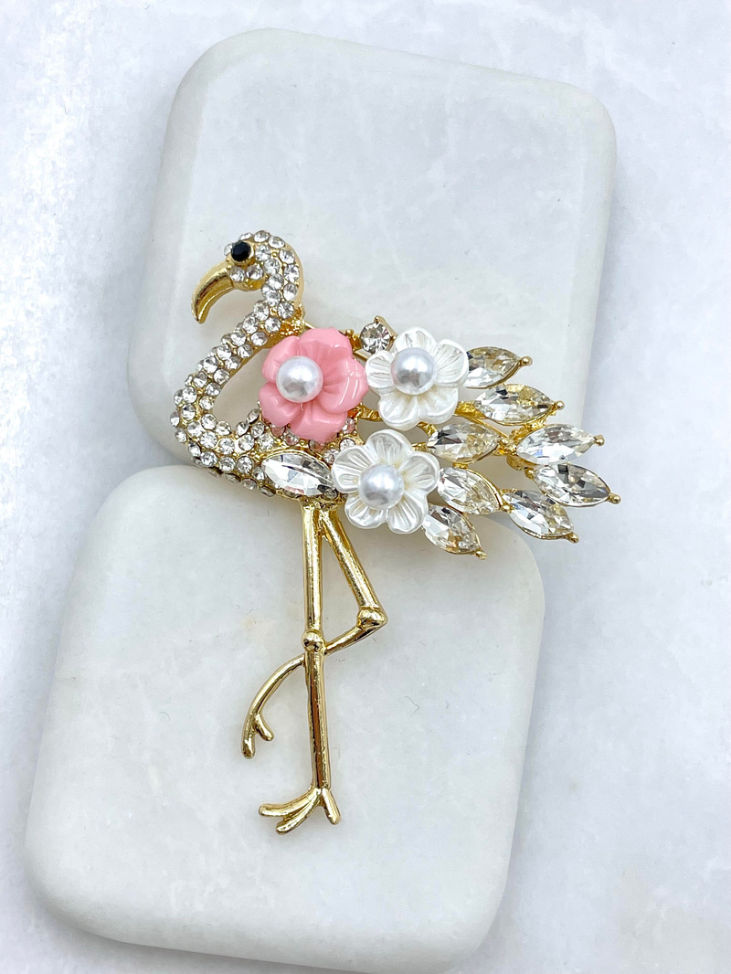 Kristal Taşlı ve Çiçekli Flamingo Broş Gold