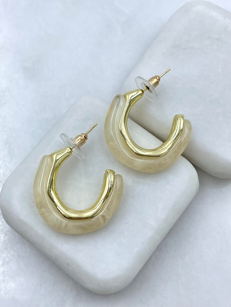 Altın Kaplama Gold Detaylı Halka Vintage Küpe Ekru