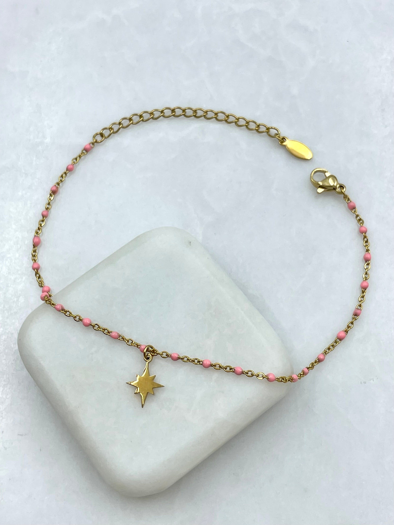 Kuzey Yıldızı Sallantılı Pembe Mineli Zincir Halhal Gold