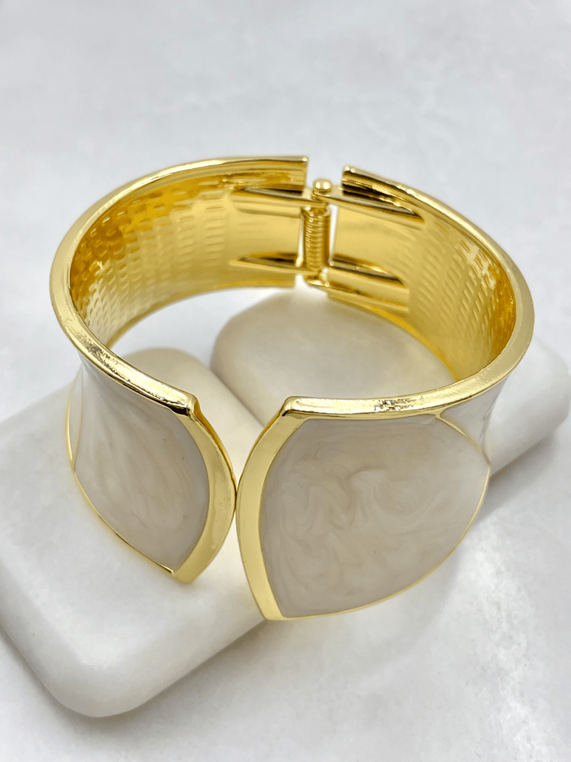 Altın Kaplama Gold Detaylı Simli Kelepçe Bileklik Ekru