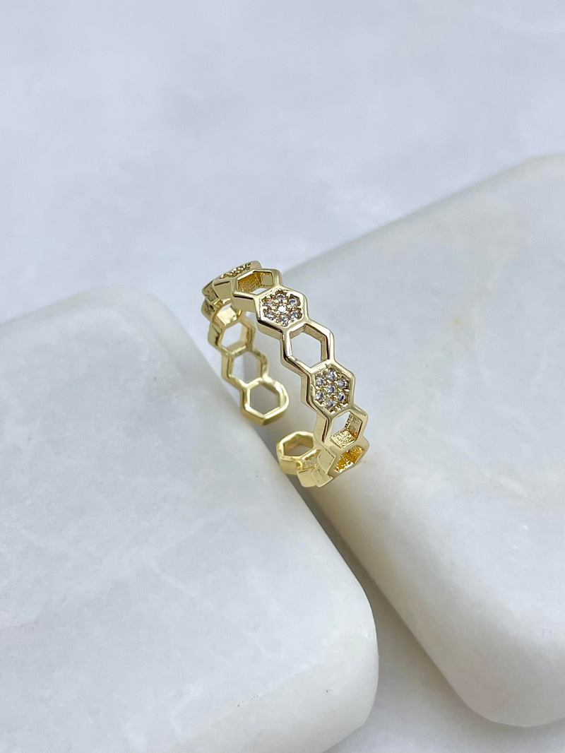 Altın Kaplama Gömme Taşlı İçi Boş Altıgen Yüzük Gold