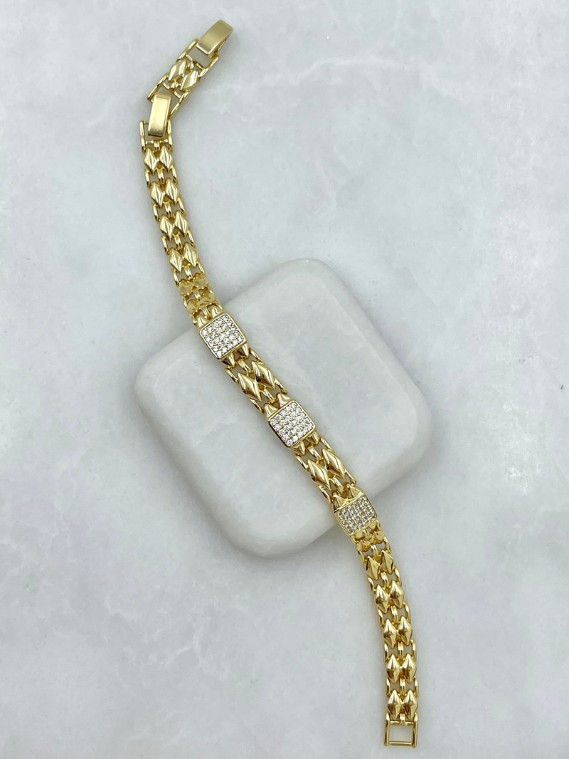 Özel Seri Zirkon Taşlı Üçgen Plaka Kordon Bileklik Gold