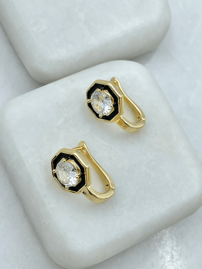 Altın Kaplama Siyah Mineli Kristal Taşlı U Küpe Gold
