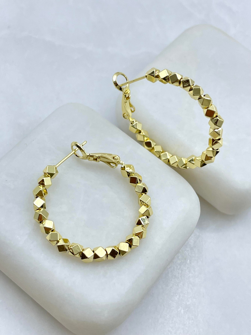 Altın Kaplama Prizma Boncuk Halka Küpe 3 cm Gold