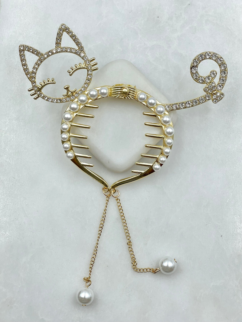 Gömme Taşlı ve İncili Kedi Topuz Tokası Gold