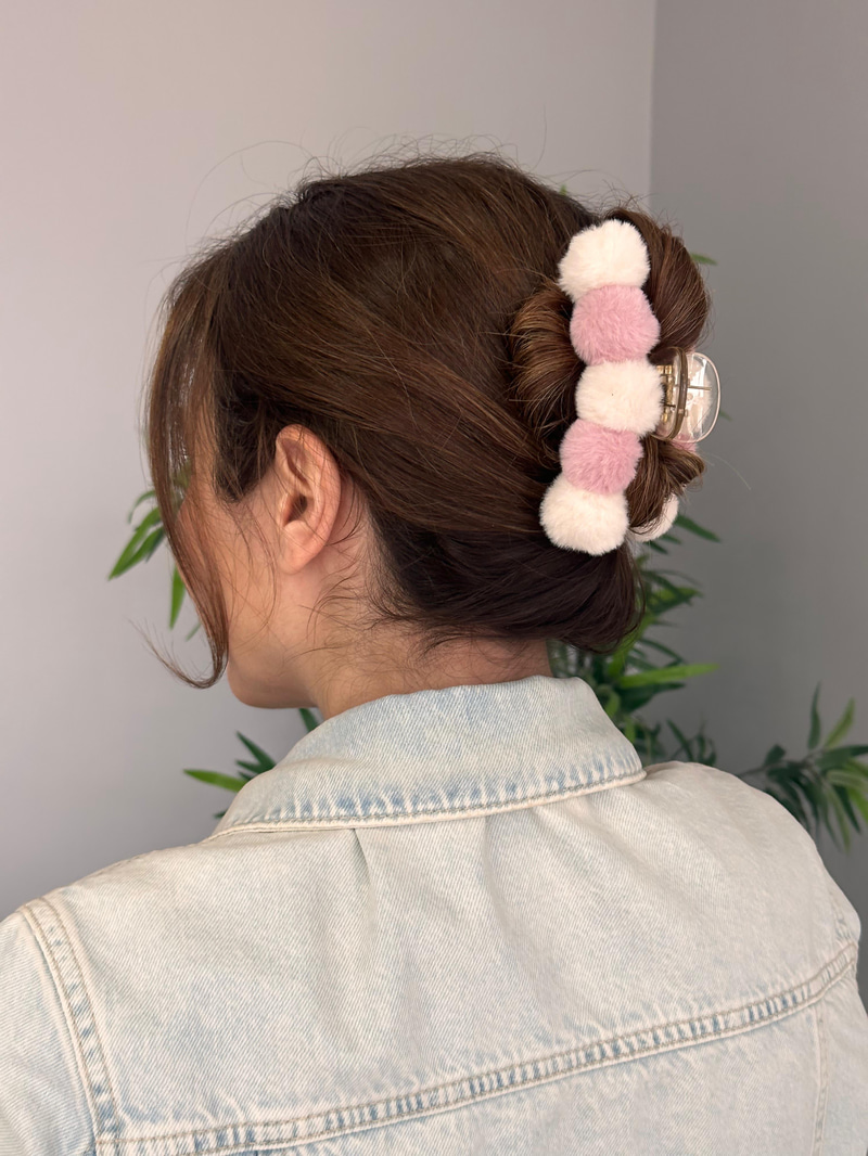 Peluş Ponpon Mandal Toka Pembe-Krem